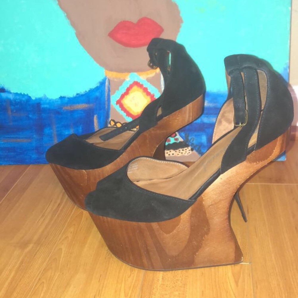 Jeffrey Campbell Str8up black suede/wooden heels.